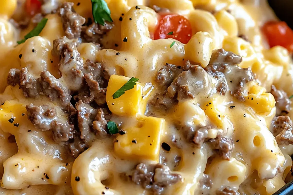 HIGH PROTEIN CREAMY PHILLY CHEESESTEAK MAC centered hero view, clean and uncluttered