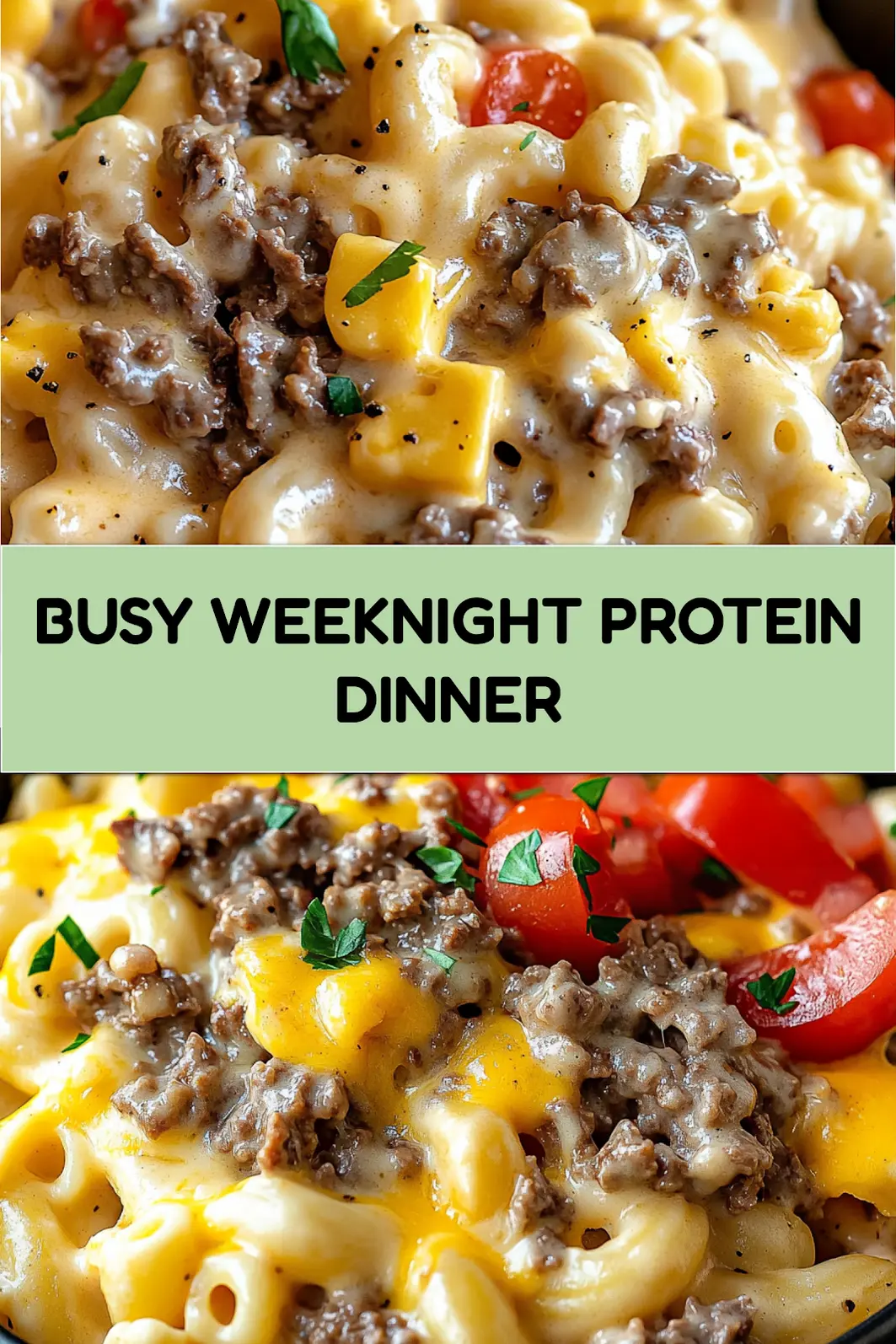 HIGH PROTEIN CREAMY PHILLY CHEESESTEAK MAC centered hero view, clean and uncluttered pin