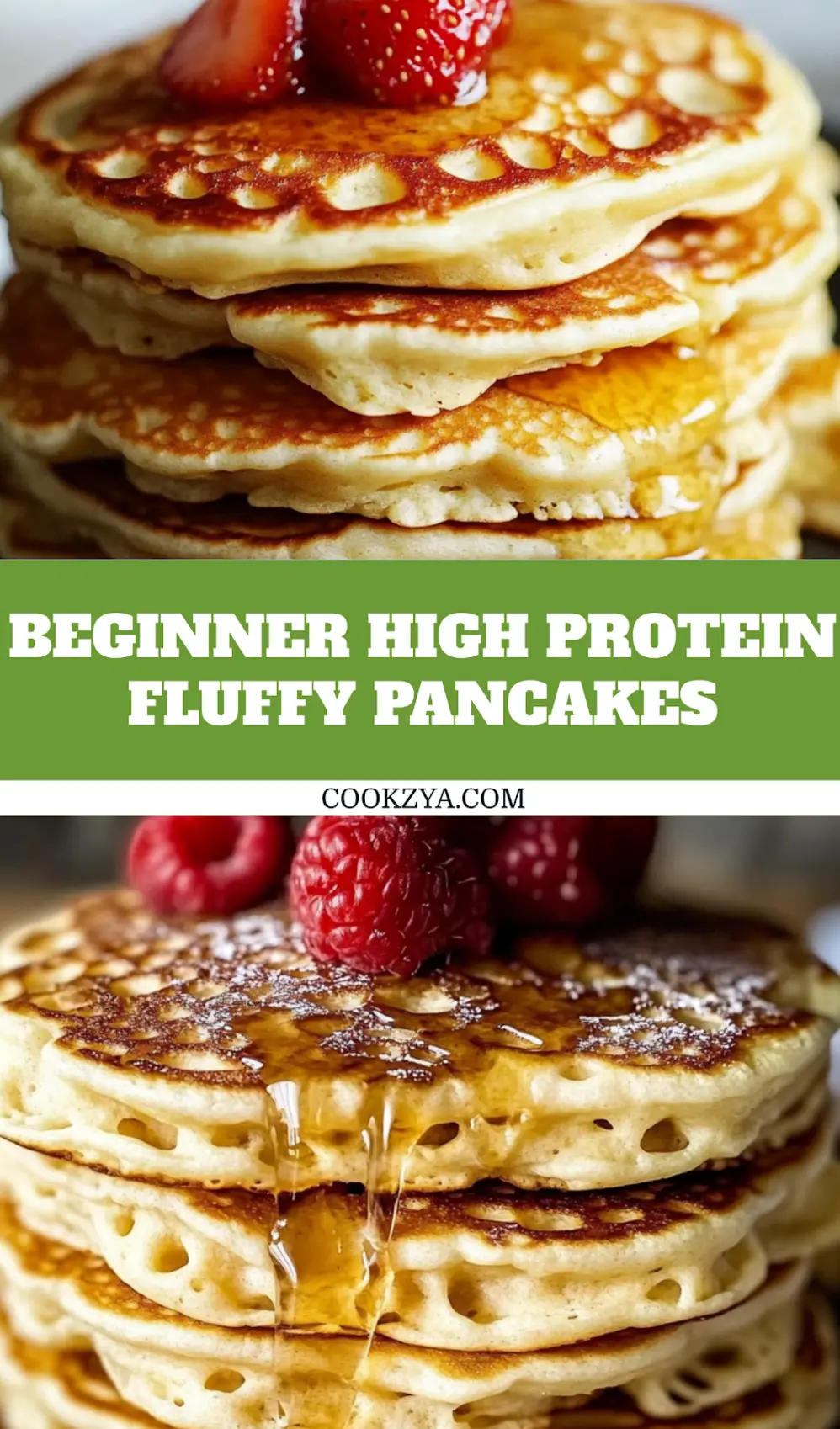 HIGH PROTEIN FLUFFY PANCAKES RECIPE centered hero view, clean and uncluttered