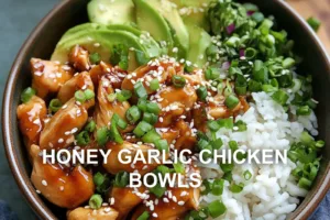 HONEY GARLIC CHICKEN BOWLS centered hero view, clean and uncluttered
