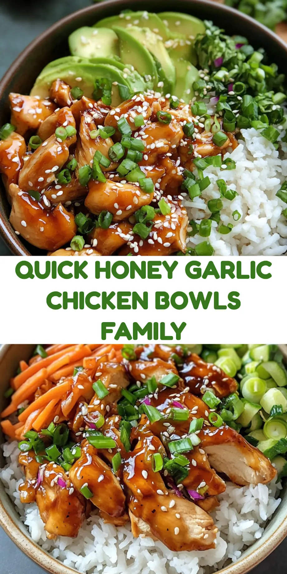 Honey Garlic Chicken Bowls centered hero view, clean and uncluttered pin