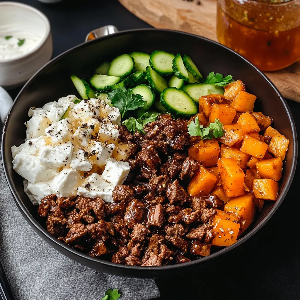 Hot Honey Cottage Cheese Sweet Potato Beef Bowl Recipe 6 Hot honey cottage cheese sweet potato beef bowl centered hero view, clean and uncluttered