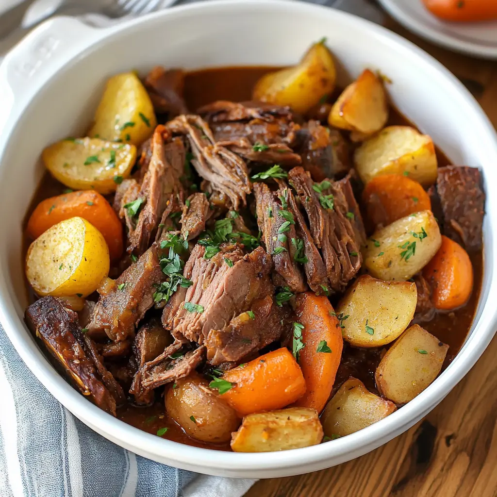 Instant Pot pot roast with vegetables centered hero view, clean and uncluttered
