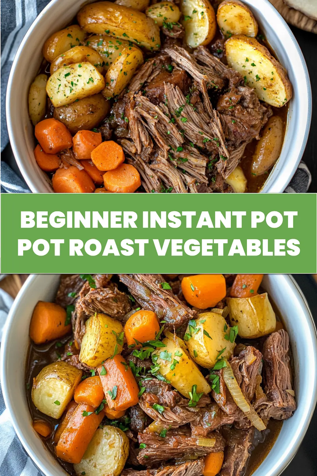 Instant Pot pot roast with vegetables centered hero view, clean and uncluttered