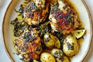 Lemon Herb Chicken with Leeks Potatoes Easy Weeknight Meal LEMON HERB CHICKEN WITH LEEKS POTATOES centered hero view, clean and uncluttered
