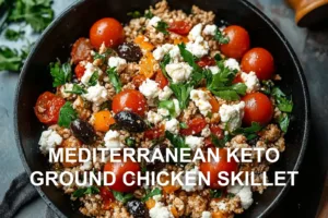 MEDITERRANEAN KETO GROUND CHICKEN SKILLET centered hero view, clean and uncluttered