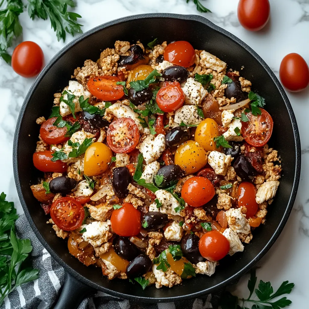 Mediterranean Keto Ground Chicken Skillet centered hero view, clean and uncluttered