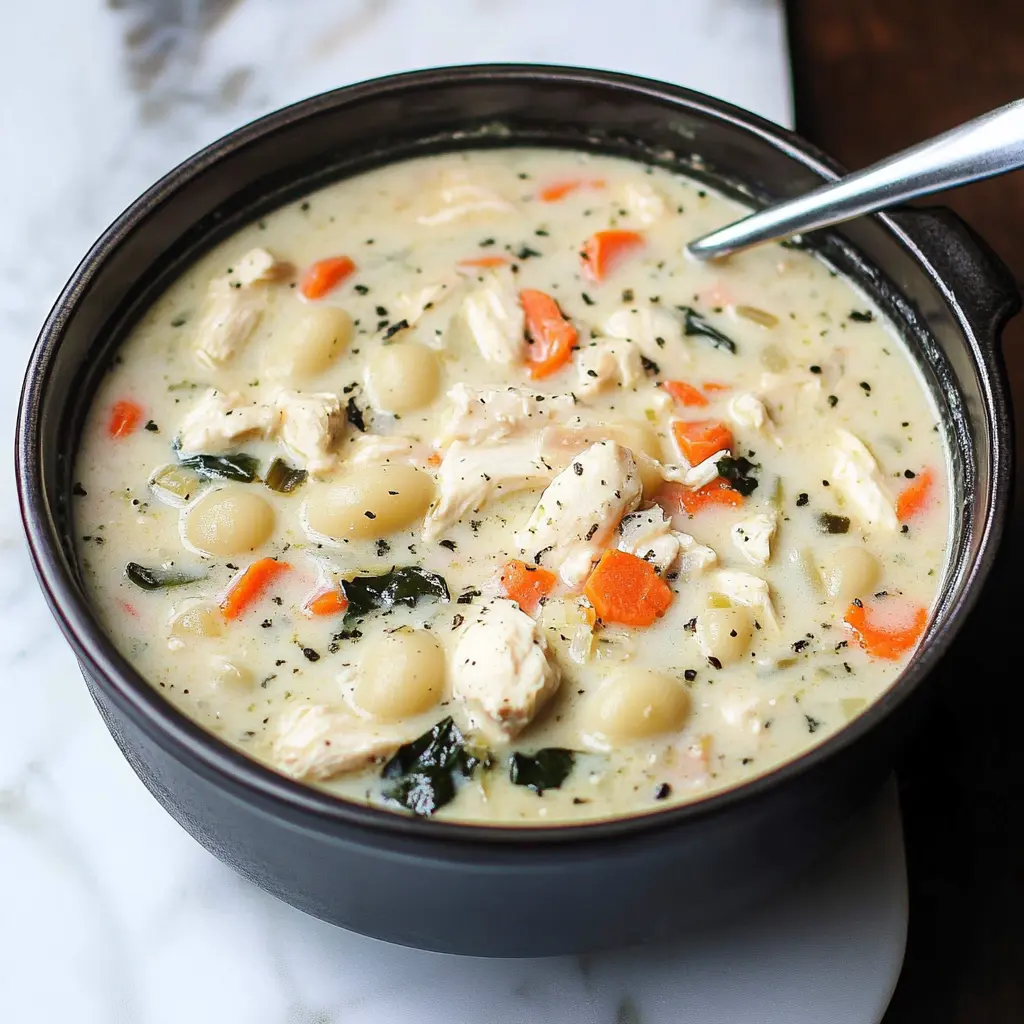 Olive Garden Chicken Gnocchi Soup in a white bowl with fresh spinach and tender chicken