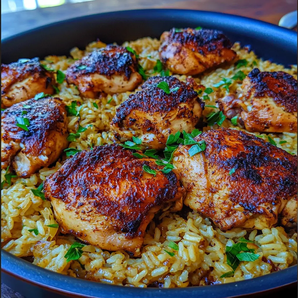 One-pan Chicken and Garlic Rice Easy Weeknight Dinner 6 ONE PAN CHICKEN AND GARLIC RICE centered hero view, clean and uncluttered