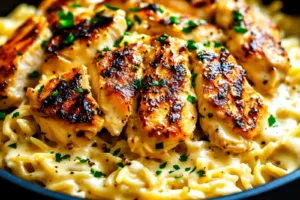 One-Pot Cajun Chicken Alfredo Orzo Easy Weeknight Dinner ONE POT CAJUN CHICKEN ALFREDO ORZO centered hero view, clean and uncluttered