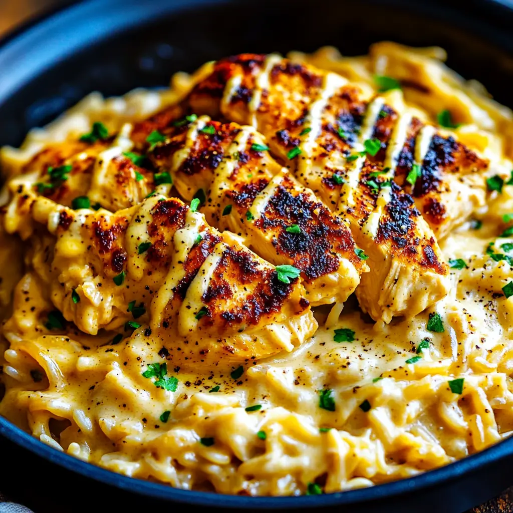 ONE POT CAJUN CHICKEN ALFREDO ORZO centered hero view, clean and uncluttered
