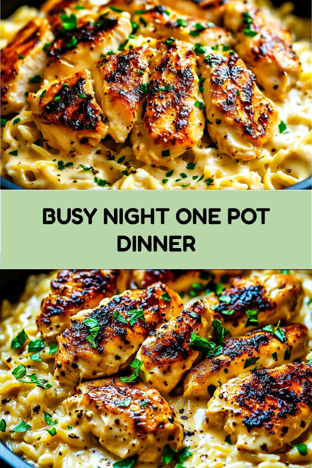ONE POT CAJUN CHICKEN ALFREDO ORZO centered hero view, clean and uncluttered_pin