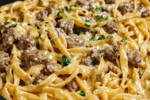One-Pot Creamy Beef and Garlic Butter Pasta Recipe Easy ONE POT CREAMY BEEF AND GARLIC BUTTER PASTA centered hero view, clean and uncluttered
