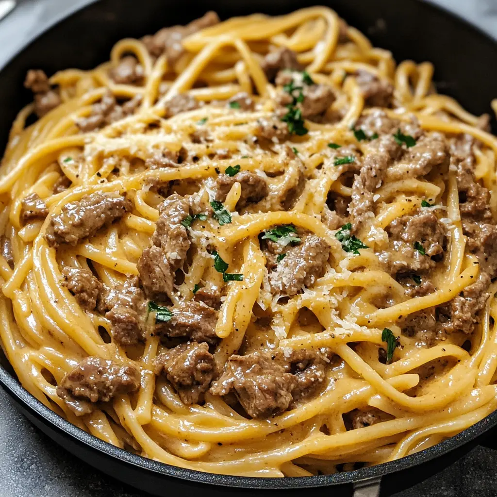 ONE POT CREAMY BEEF AND GARLIC BUTTER PASTA centered hero view, clean and uncluttered