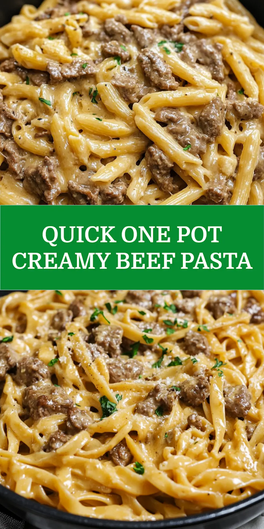ONE POT CREAMY BEEF AND GARLIC BUTTER PASTA centered hero view, clean and uncluttered