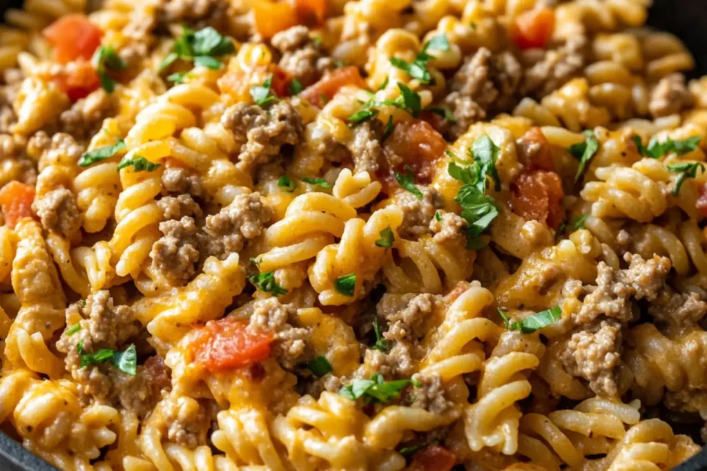 ONE-POT TACO PASTA centered hero view, clean and uncluttered