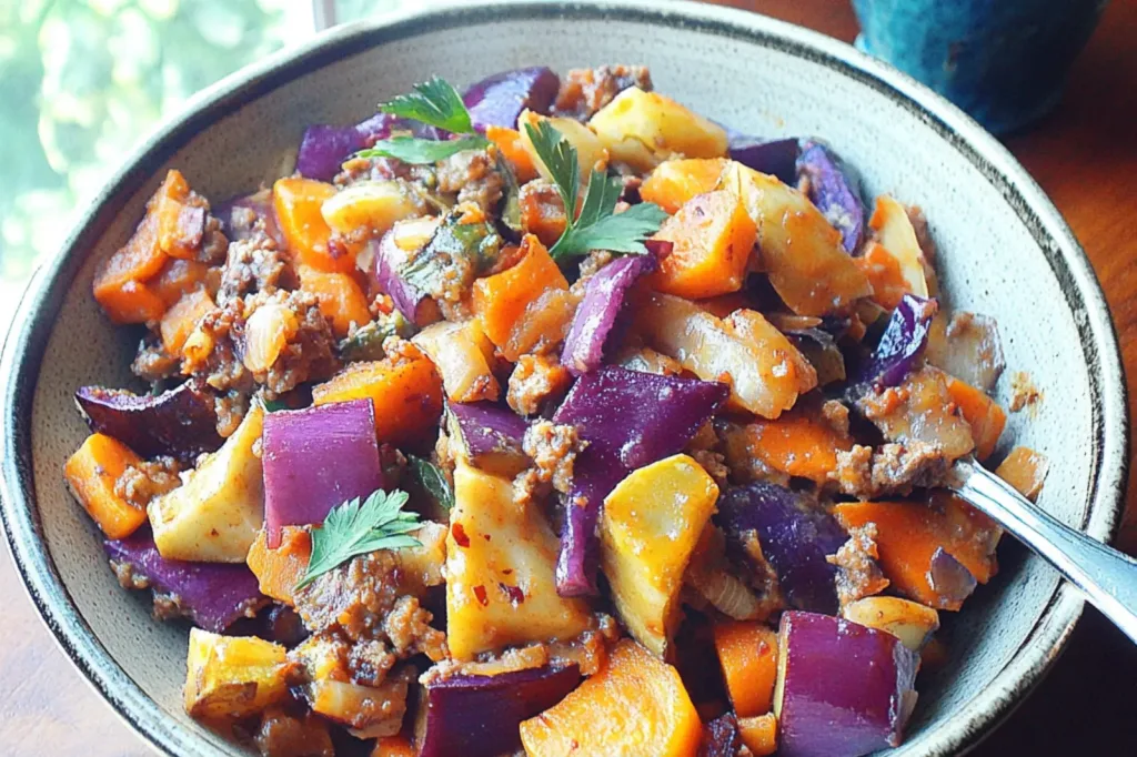 PALEO EASY VEGETABLE SCRAMBLE centered hero view, clean and uncluttered