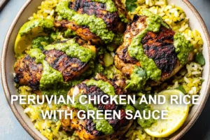 PERUVIAN CHICKEN AND RICE WITH GREEN SAUCE centered hero view, clean and uncluttered