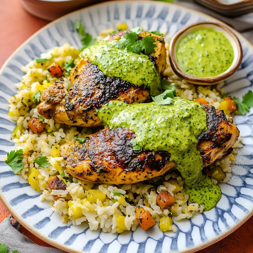 PERUVIAN CHICKEN AND RICE WITH GREEN SAUCE centered hero view, clean and uncluttered