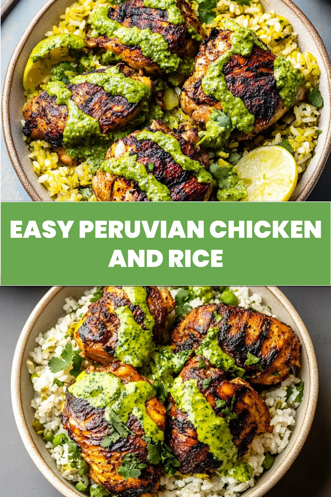 PERUVIAN CHICKEN AND RICE WITH GREEN SAUCE centered hero view, clean and uncluttered