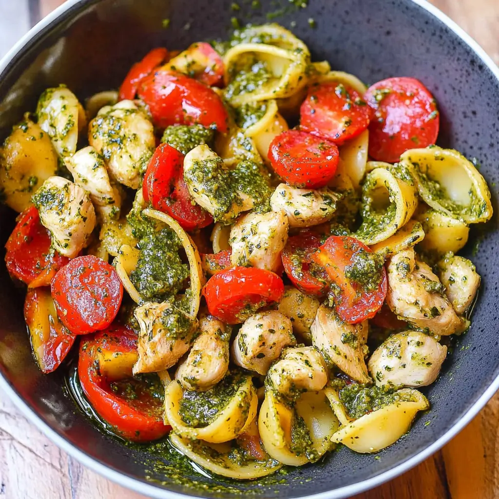 Pesto chicken tortellini and veggies centered hero view, clean and uncluttered