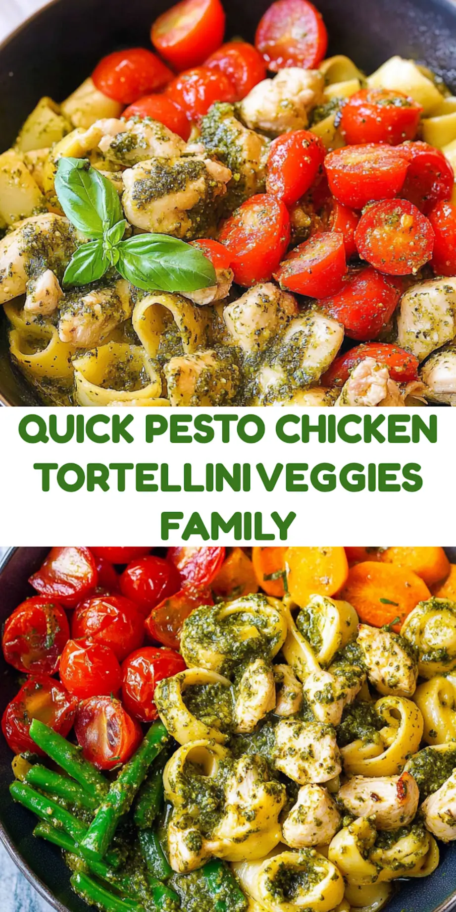 Pesto chicken tortellini and veggies centered hero view, clean and uncluttered