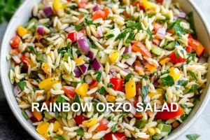 RAINBOW ORZO SALAD centered hero view, clean and uncluttered