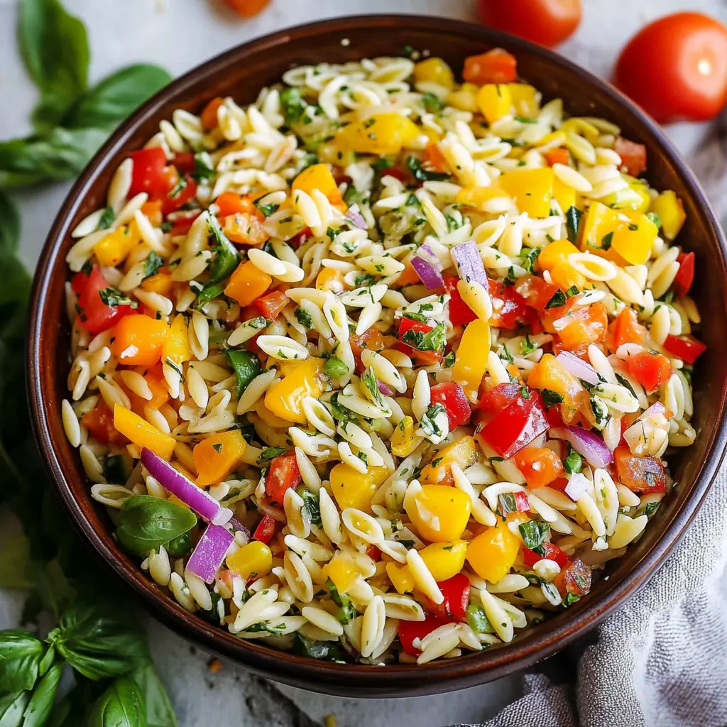 Rainbow orzo salad with colorful bell peppers, cucumber, corn, and fresh herbs in a large serving bowl