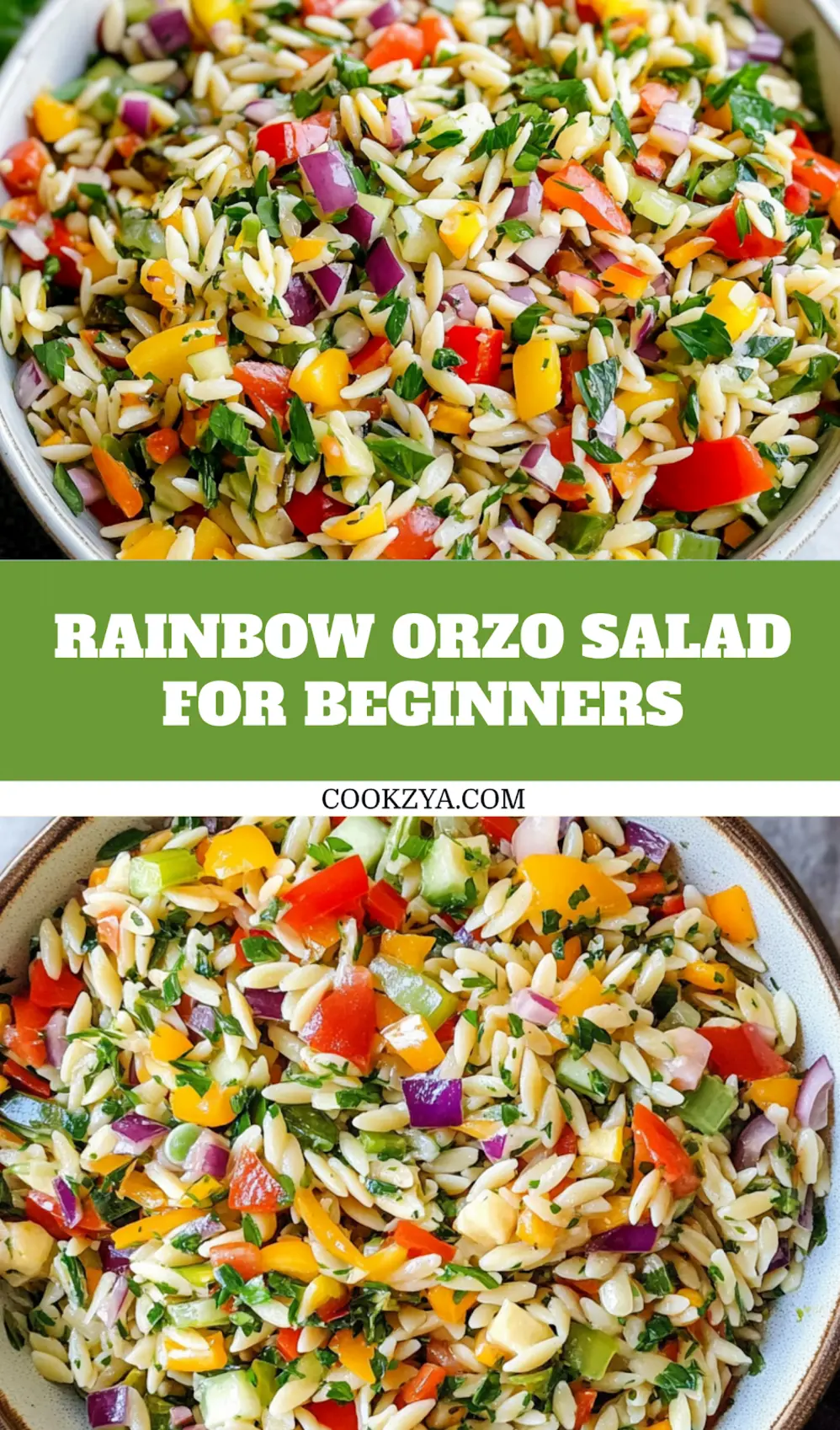 Rainbow orzo salad Pinterest pin with colorful vegetables and fresh herbs