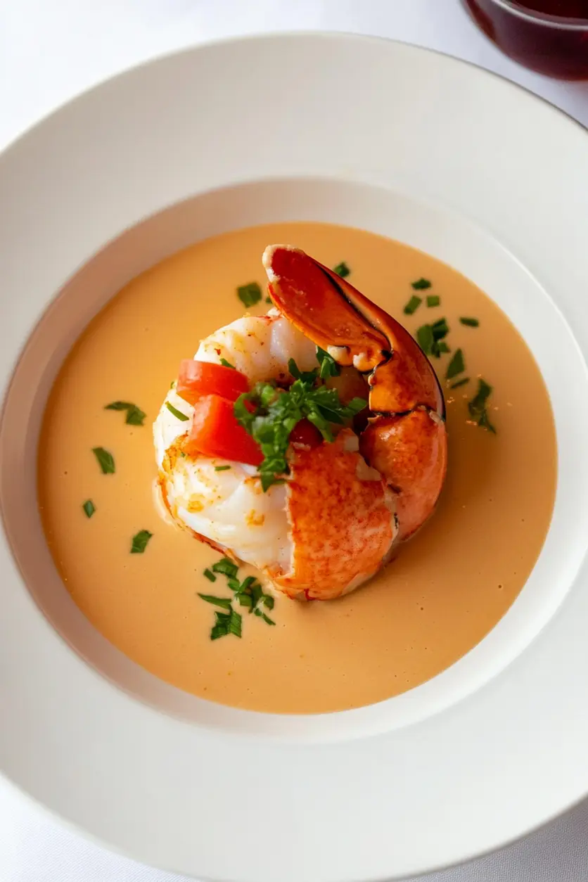 Romantic lobster bisque with sherry in an elegant bowl, garnished with lobster meat and fresh chives