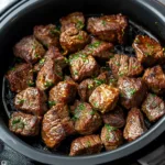 AIR FRYER GARLIC BUTTER STEAK BITES centered hero view, clean and uncluttered