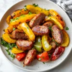 AIR FRYER SAUSAGE AND PEPPERS centered hero view, clean and uncluttered