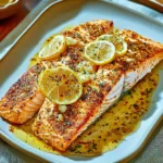 BAKED LEMON GARLIC SALMON centered hero view, clean and uncluttered