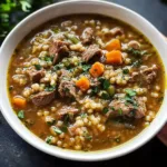 BEEF BARLEY STEW centered hero view, clean and uncluttered