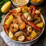 CAJUN SEAFOOD BOIL WITH GARLIC BUTTER SAUCE centered hero view, clean and uncluttered