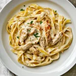 CREAMY CHICKEN PASTA centered hero view, clean and uncluttered