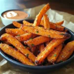 CRISPY OVEN BAKED SWEET POTATO FRIES centered hero view, clean and uncluttered