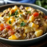CROCKPOT CHEESESTEAK POTATO CASSEROLE centered hero view, clean and uncluttered