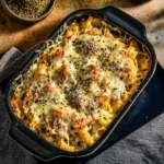 DUMP AND BAKE CHICKEN ALFREDO NOODLE CASSEROLE centered hero view, clean and uncluttered