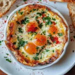EASY BAKED FETA EGGS centered hero view, clean and uncluttered