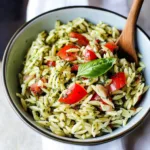 EASY ORZO SALAD WITH PESTO centered hero view, clean and uncluttered
