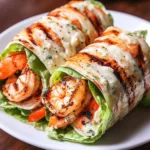 GRILLED SHRIMP CAESAR WRAPS centered hero view, clean and uncluttered