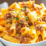 GROUND BEEF CASSEROLE centered hero view, clean and uncluttered