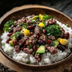 HIGH PROTEIN BEEF AND RICE BOWL centered hero view, clean and uncluttered
