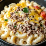 HIGH PROTEIN CREAMY PHILLY CHEESESTEAK MAC centered hero view, clean and uncluttered