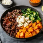 HOT HONEY COTTAGE CHEESE SWEET POTATO BEEF BOWL centered hero view, clean and uncluttered