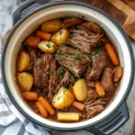 INSTANT POT POT ROAST WITH VEGETABLES centered hero view, clean and uncluttered