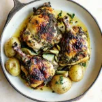 LEMON HERB CHICKEN WITH LEEKS POTATOES centered hero view, clean and uncluttered