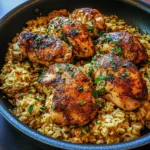 ONE PAN CHICKEN AND GARLIC RICE centered hero view, clean and uncluttered