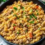 ONE-POT TACO PASTA centered hero view, clean and uncluttered
